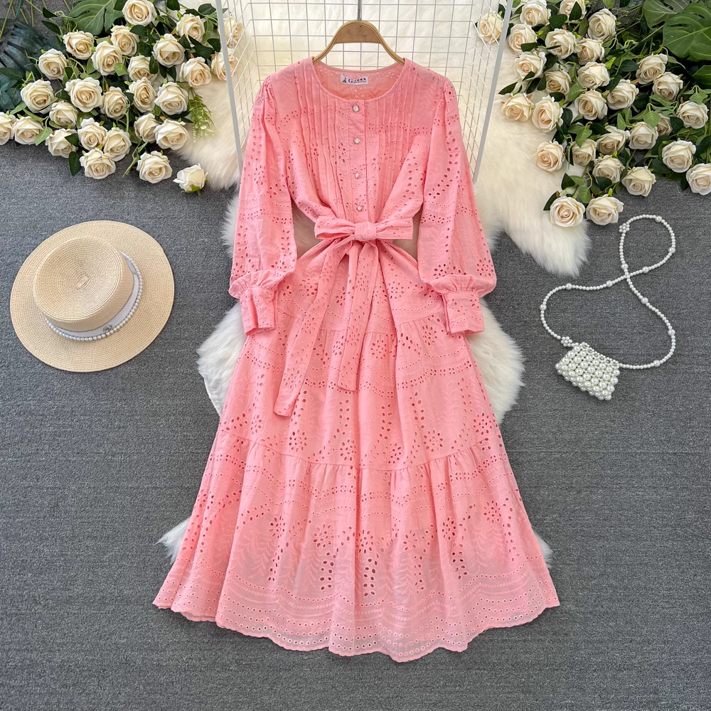 Women's long-sleeved round neck a-line embroidered hollow dress YM983