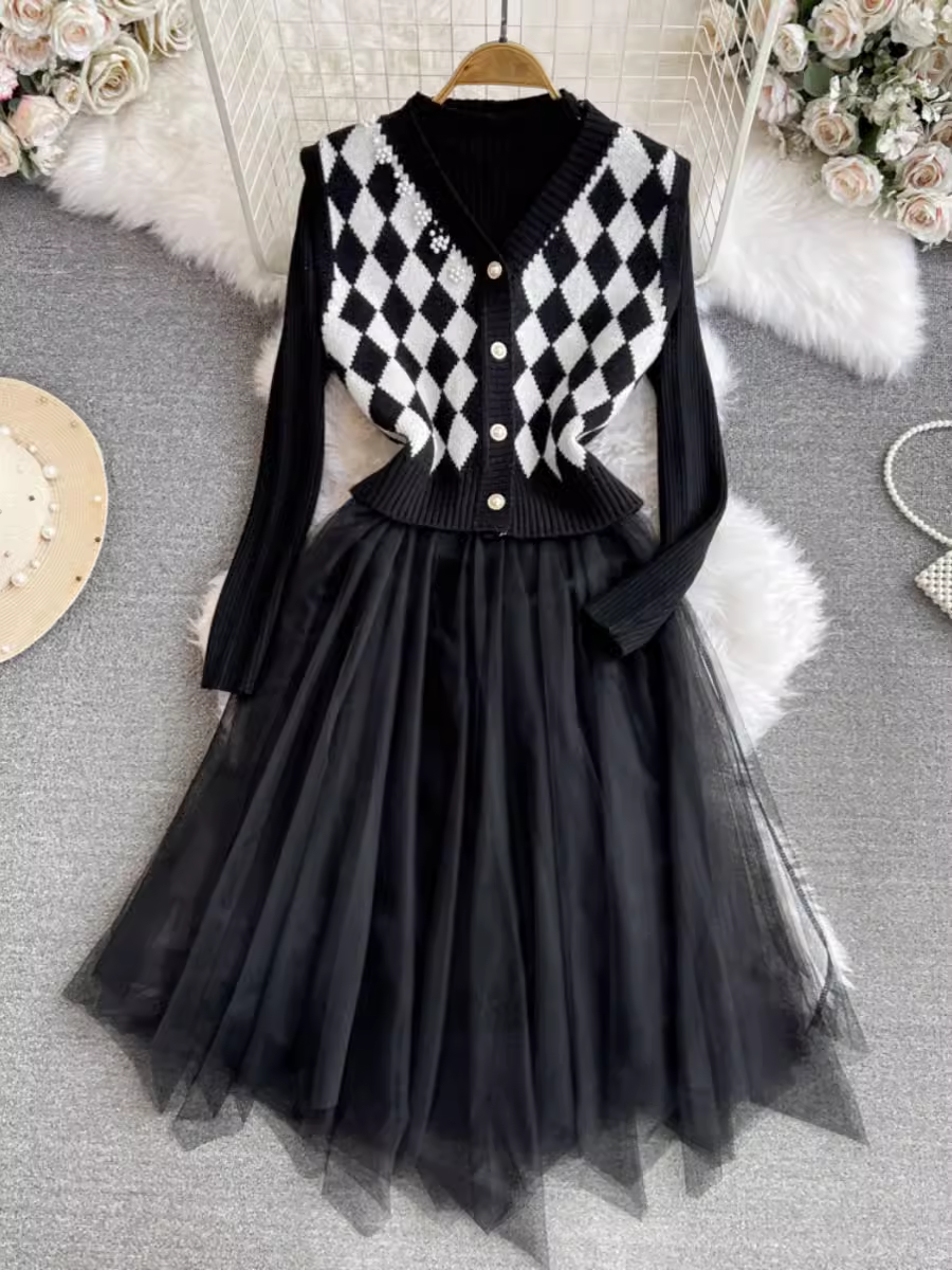 Knitted splicing A-line irregular mesh dress two-piece set V-neck vest jacket YM1018