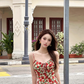 Rose Print Suspender Dress Retro Waist Square Neck Short Dress YM1714