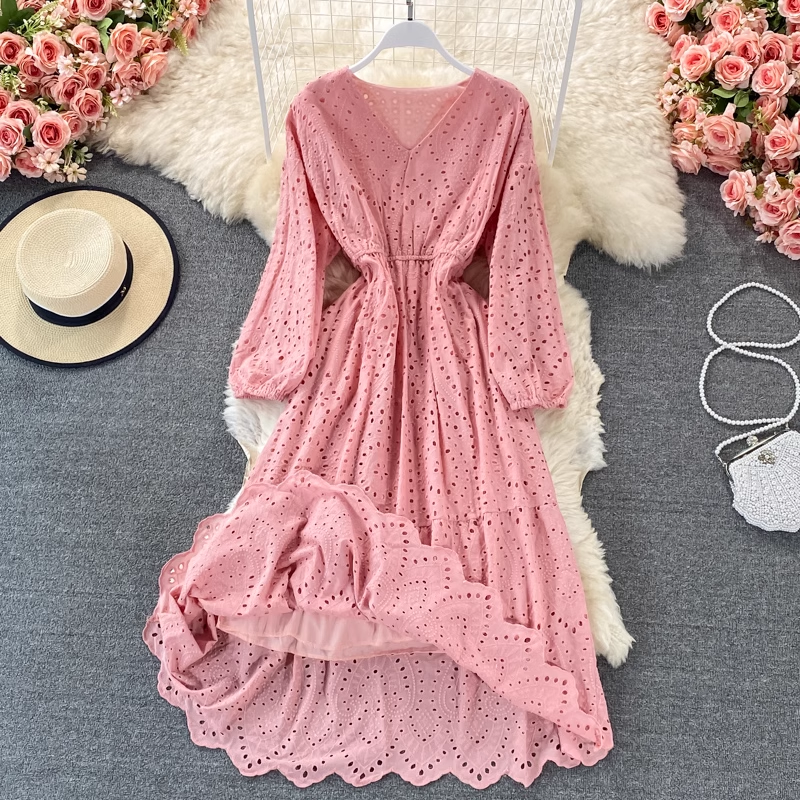 V-neck hollow embroidery summer dress ,YM180