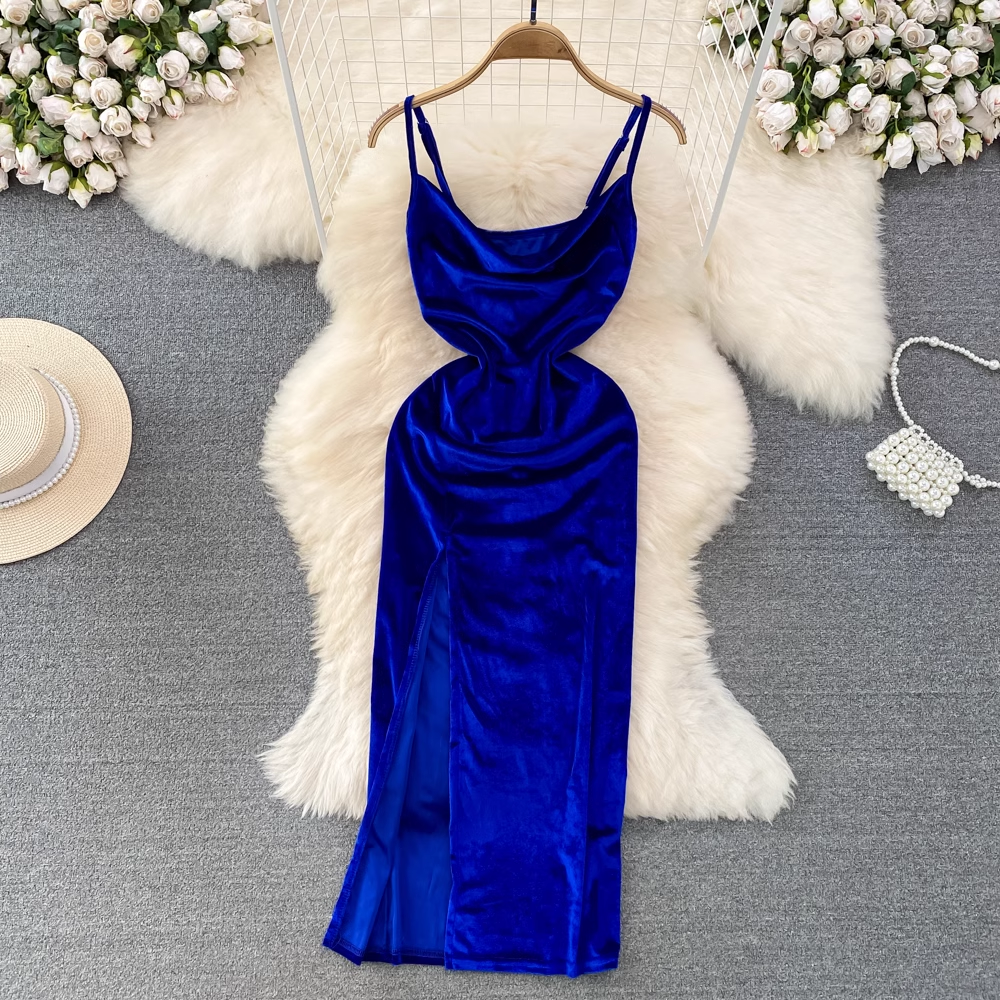 Royal Blue Spaghetti Straps Velvet Party Dress YM291