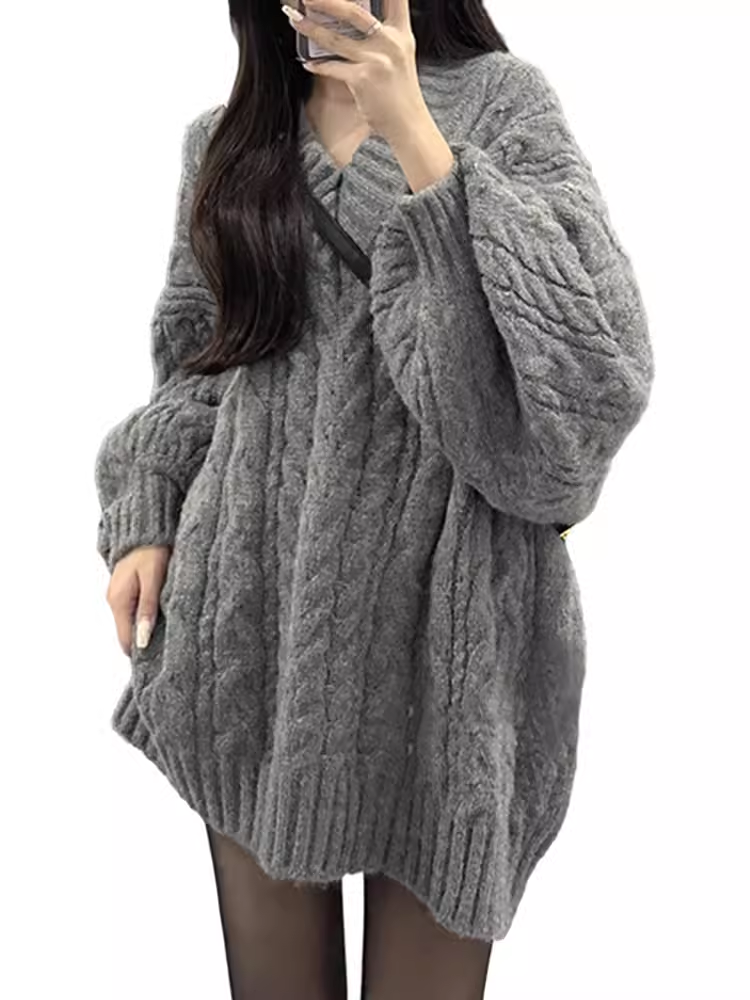 Gray twist v-neck sweater for women in autumn and winter YM856