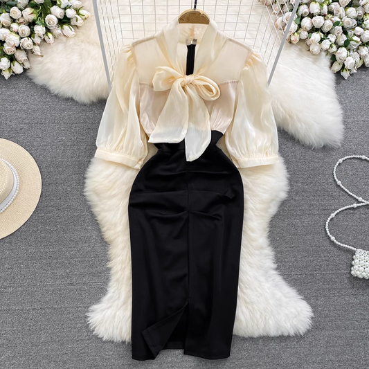 Bubble Short Sleeve Bowknot Tie Waist Slit Bodycon Dress , YM255