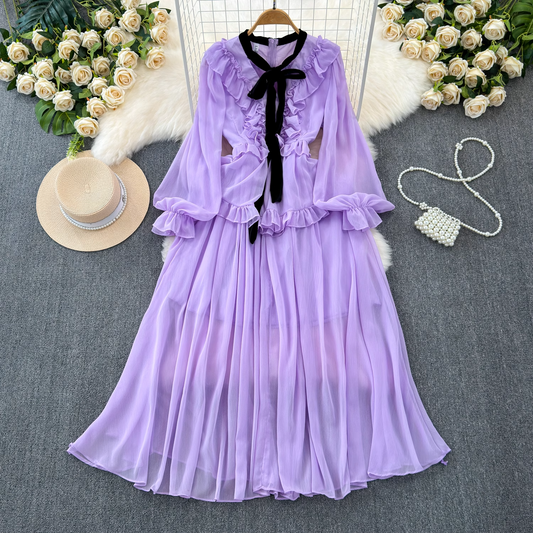 Vintage style long sleeve bow V-neck ruffled A-line chiffon dress YM1043