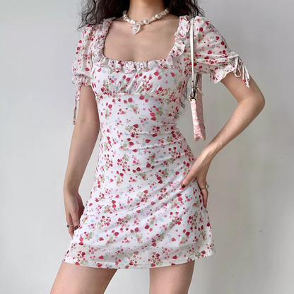 Retro Strawberry Floral Square Neck Short Sleeve Dress YM1307