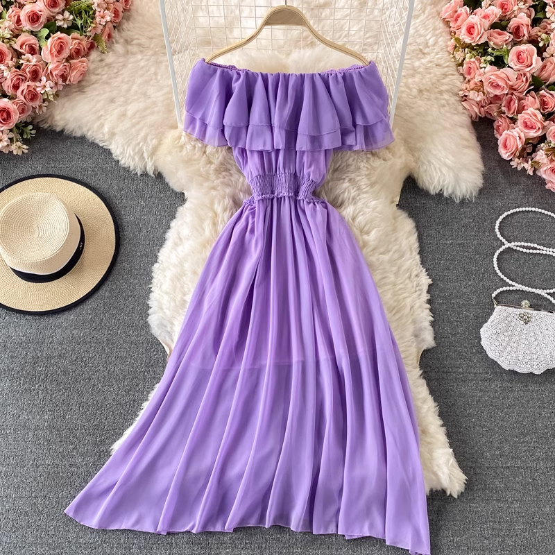 Off-the-shoulder one-shoulder ruffled chiffon dress , YM197