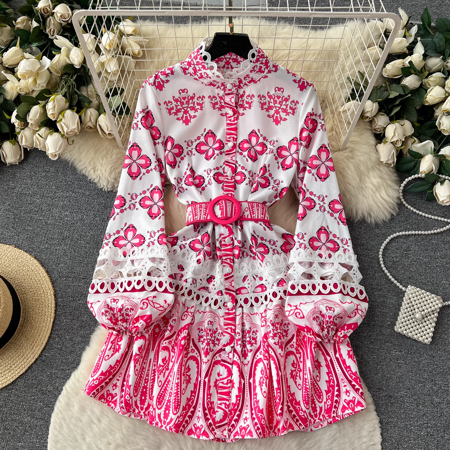 Stand collar printed dress women's retro court style lantern long-sleeved fairy dress YM408