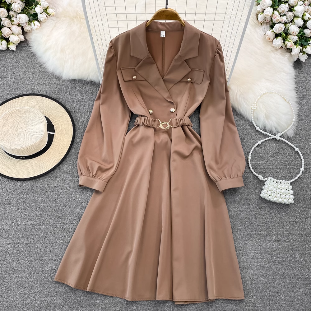 Vintage Bubble Long Sleeve Suit Collar A-Line Maxi Dress, YM239