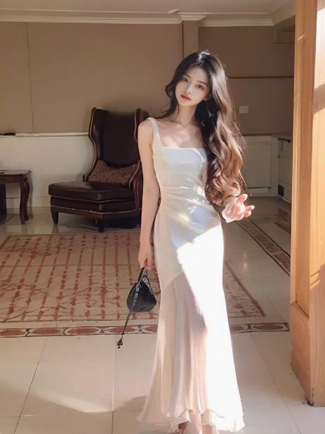 Off-White Satin Suspener Dress Fishtail Long Dress YM1795