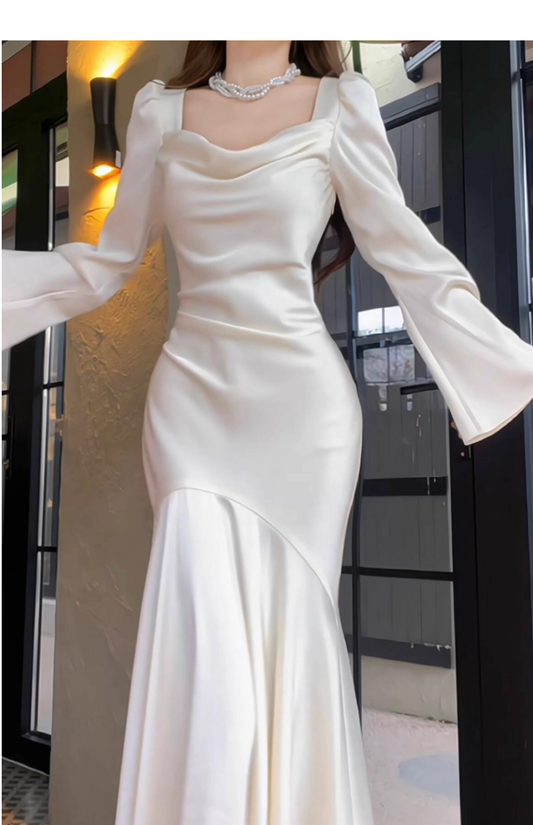 Elegant Mermaid Prom Dress Satin White Long Evening Dress YM1702