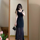 Black Suspender Dress Sexy Chiffon Long Dress YM1781