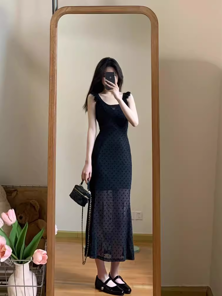 Black Suspender Dress Sexy Chiffon Long Dress YM1781