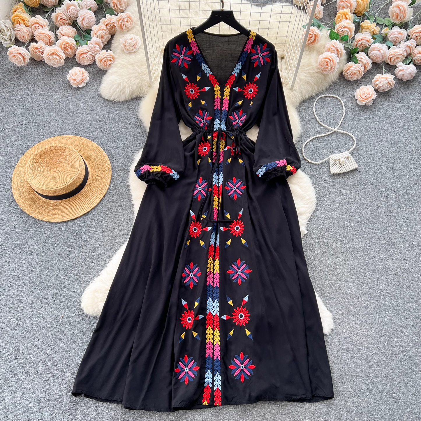 Embroidered V-neck drawstring waist dress for women retro ethnic style holiday dress YM558