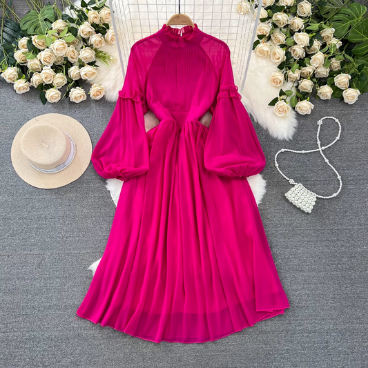 Lantern long sleeve stand collar waist a line pleated chiffon dress YM900