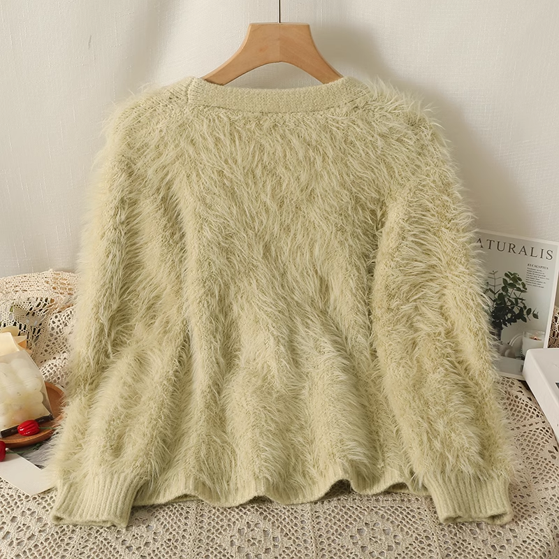 New style pearl buckle V-neck knitted cardigan women's plush sweater coat YM361