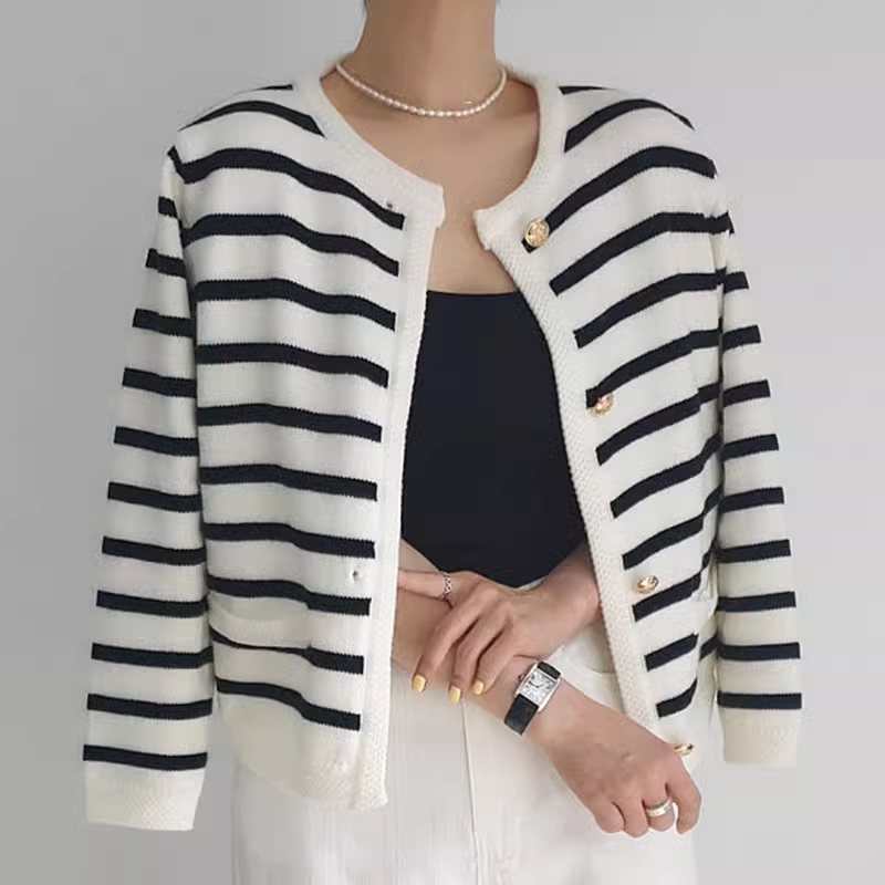 Autumn and winter retro black and white striped knitted cardigan jacket YM414