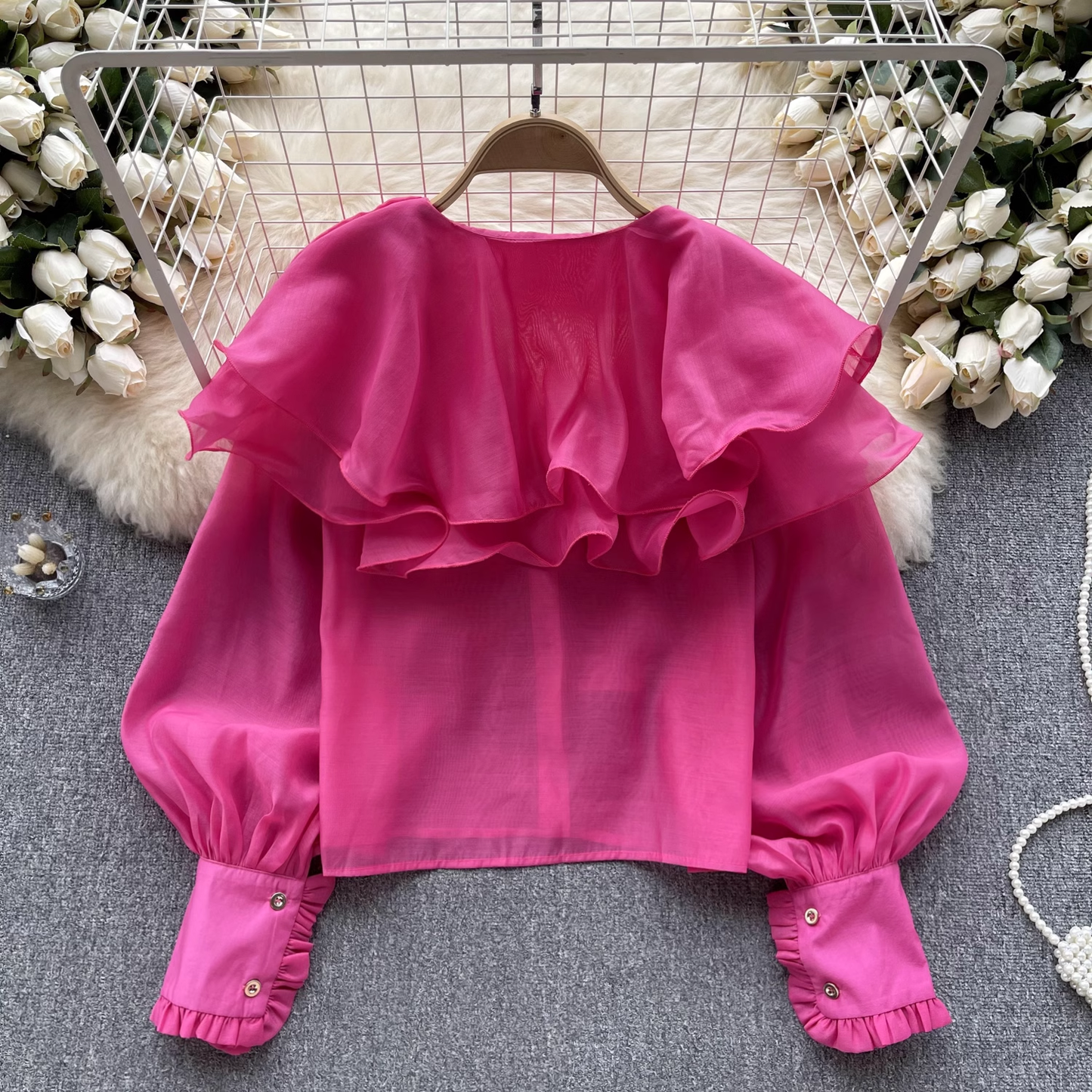 Women's autumn ruffled mesh shirt with lantern sleeves blouses  YM492