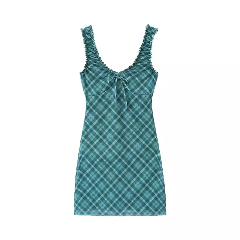 V-neck plaid dress women's summer YM1358