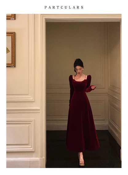 Red Velvet Dress Vintage Long Prom Dress YM1663