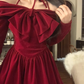 Cute Halter Long-sleeves Burgundy Velvet Short Dress Birthday Dress YM1741