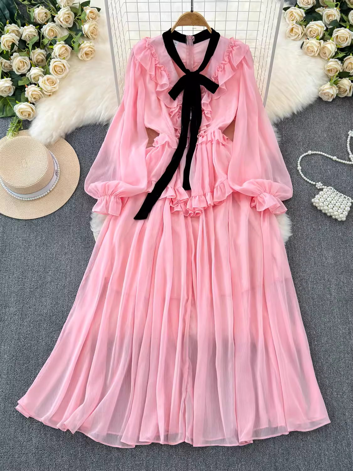 Vintage style long sleeve bow V-neck ruffled A-line chiffon dress YM1043