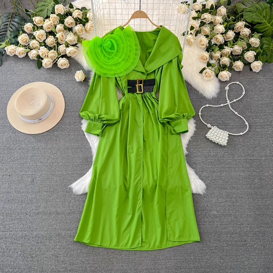 Lantern long sleeve three-dimensional flower V-neck mid-length a-line dress YM960