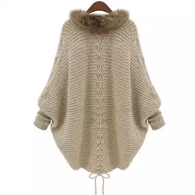 Knitted cardigan cape shawl bat sleeve fur collar coat for women YM762