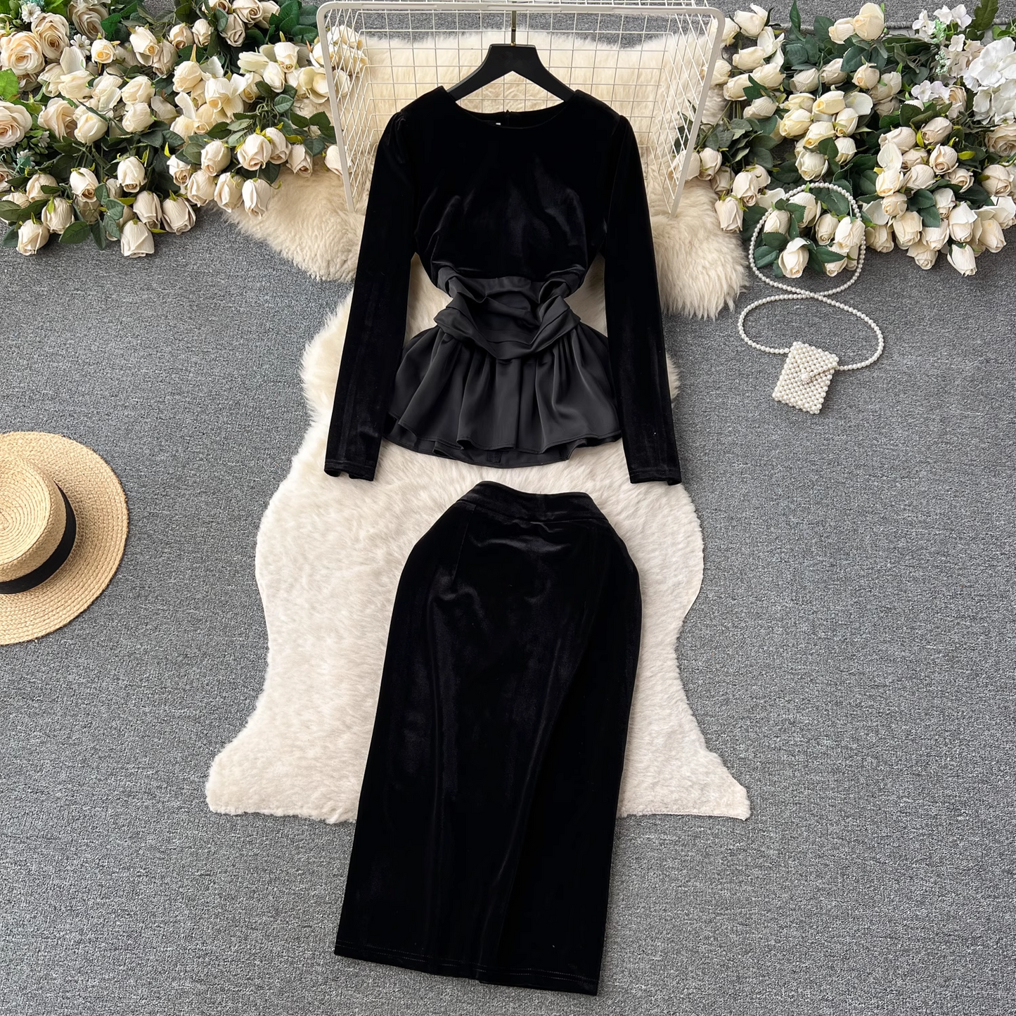 Velvet top women design sense patchwork skirt two-piece dress YM624