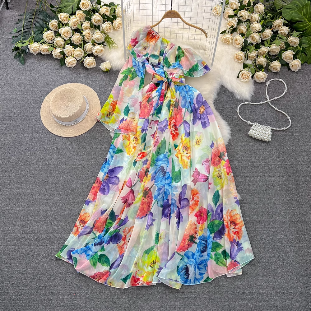 Women's mid-length a-line printed chiffon dress YM977