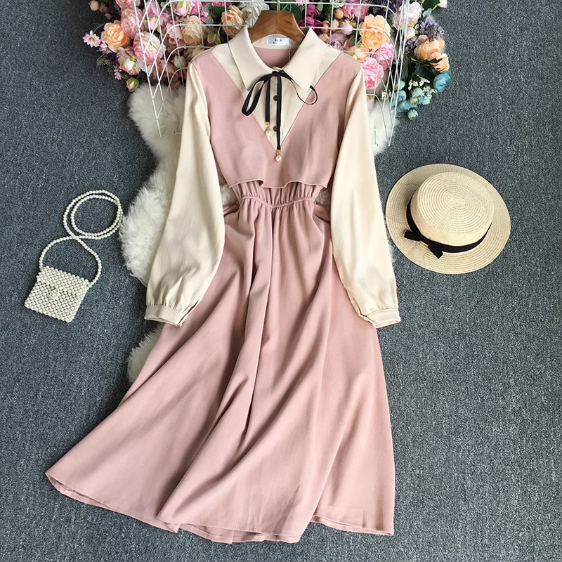 Fake two piece color block long sleeve dress YM530