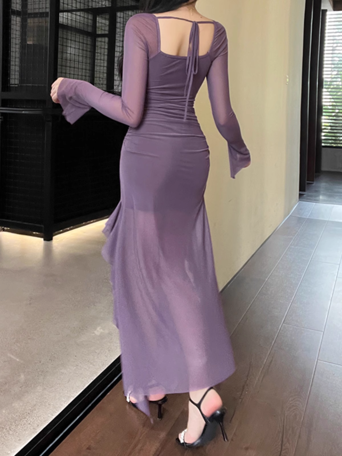 Fashion Purple Dress Mesh Ruffled Long Sleeves Dress YM972