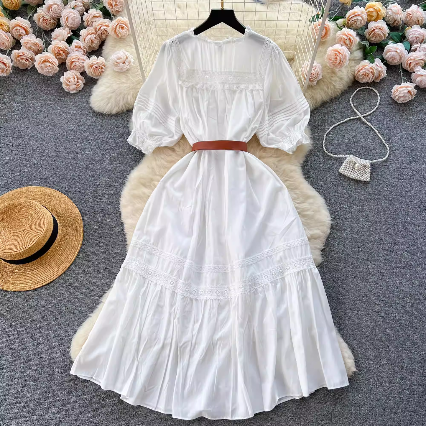 Puff sleeve hollow embroidery sweet summer dress for women,YM122