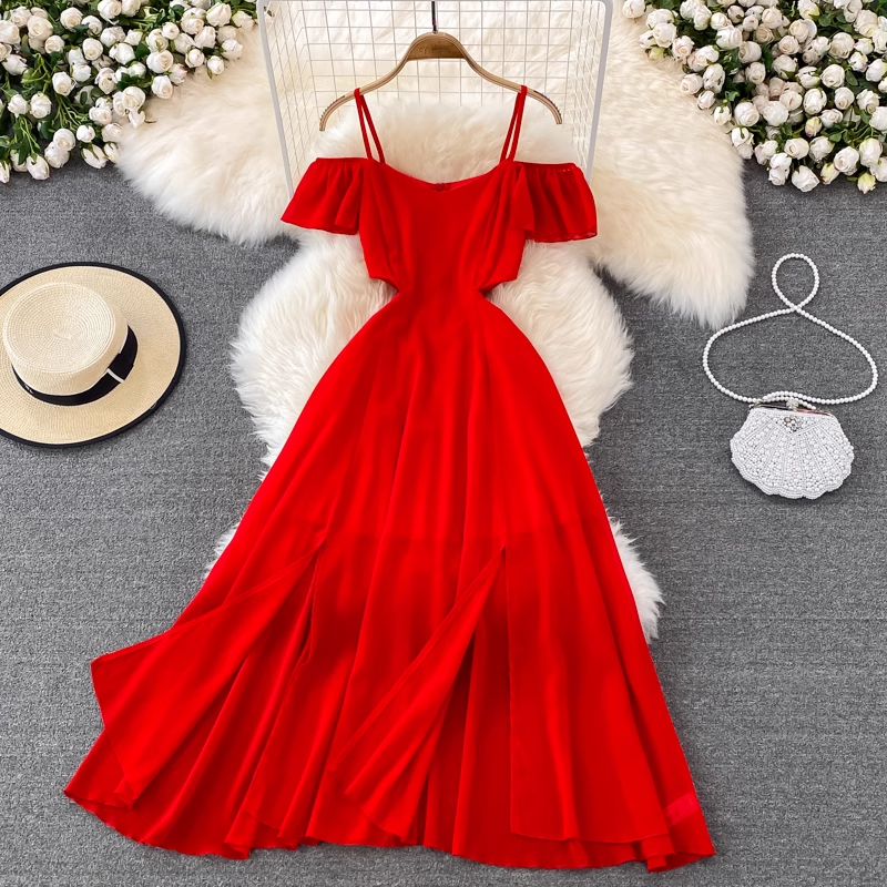 Red Chiffon Seaside Vacation Dress ,YM189