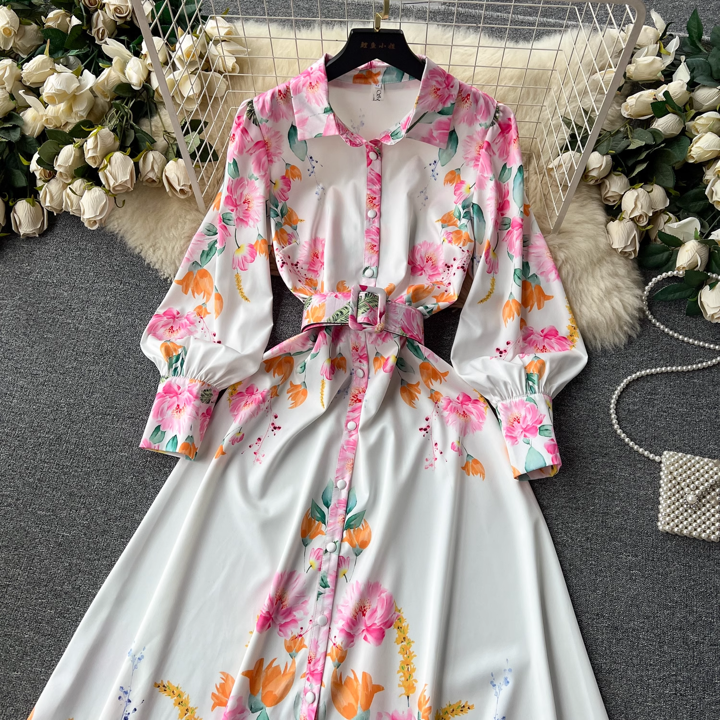 Lantern long-sleeved lapel single-breasted fashion print tie-waist elegant dress YM423