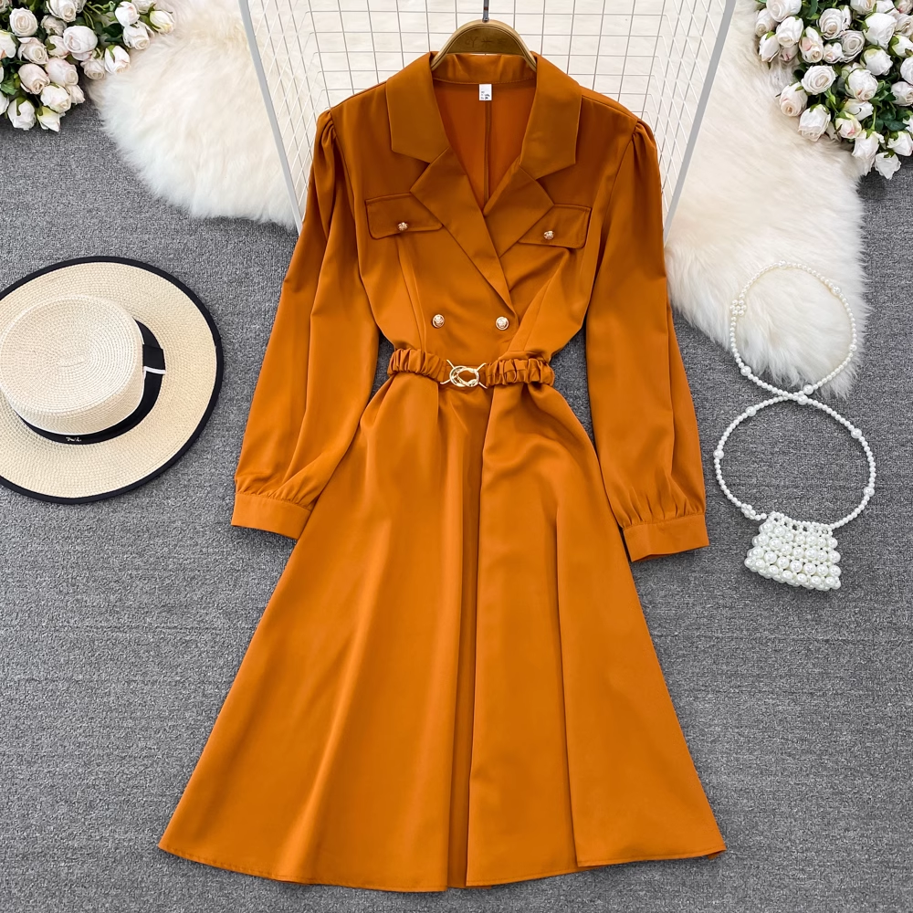 Vintage Bubble Long Sleeve Suit Collar A-Line Maxi Dress, YM239