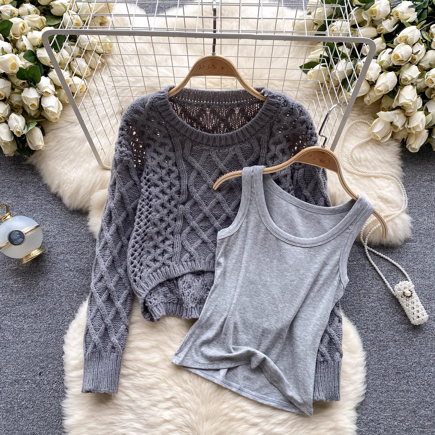 Stacked two-piece women's round neck solid color vest twist knit sweater set YM562