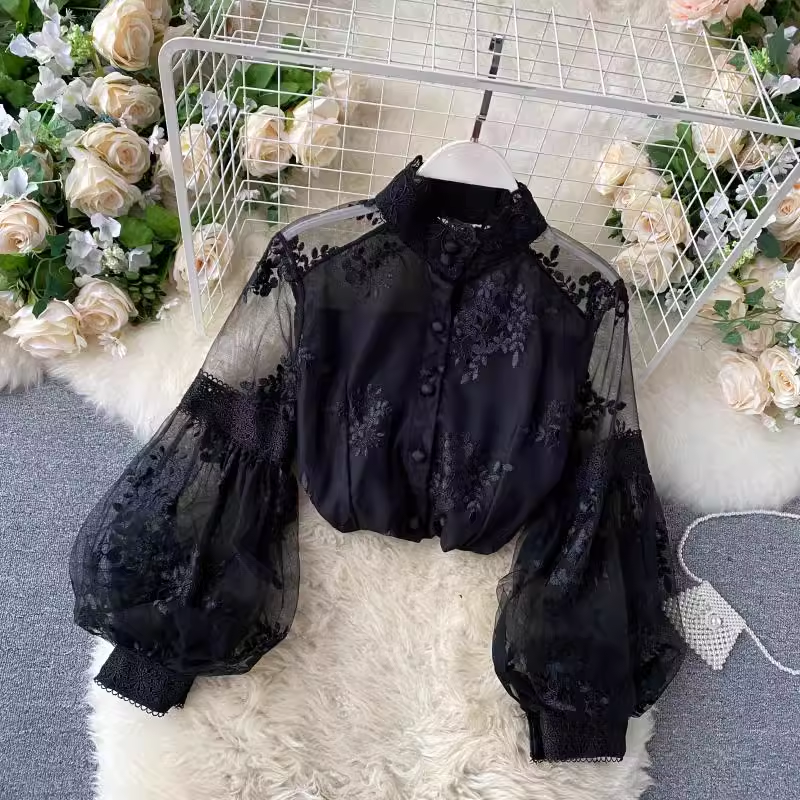 Mesh lace top women's stand-up collar three-dimensional embroidery puff sleeve court style Lace Blouses,YM25