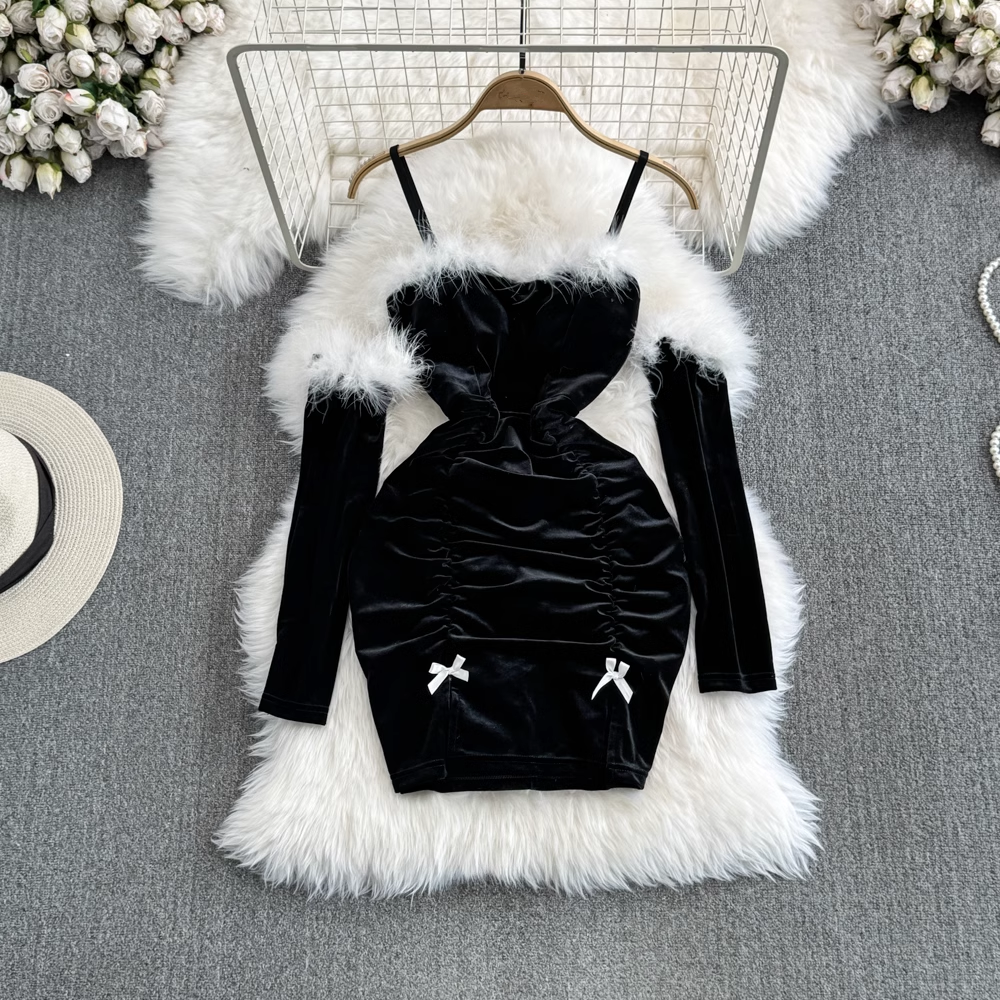 Fashionable Christmas Sexy Furry Patchwork Bodycon Dress with Sleeves YM950