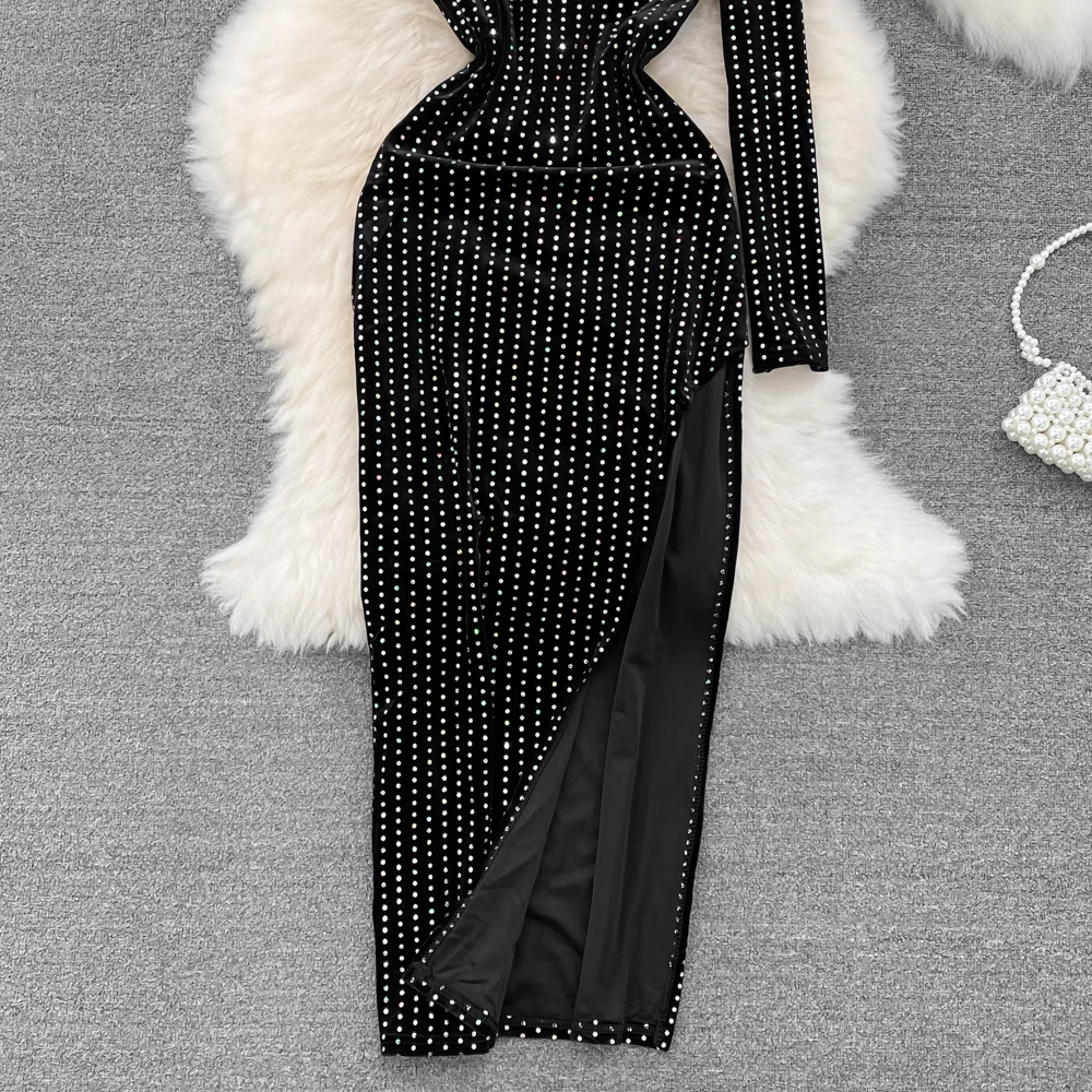 Fashionable and sexy oblique shoulder diamond high slit dress YM817