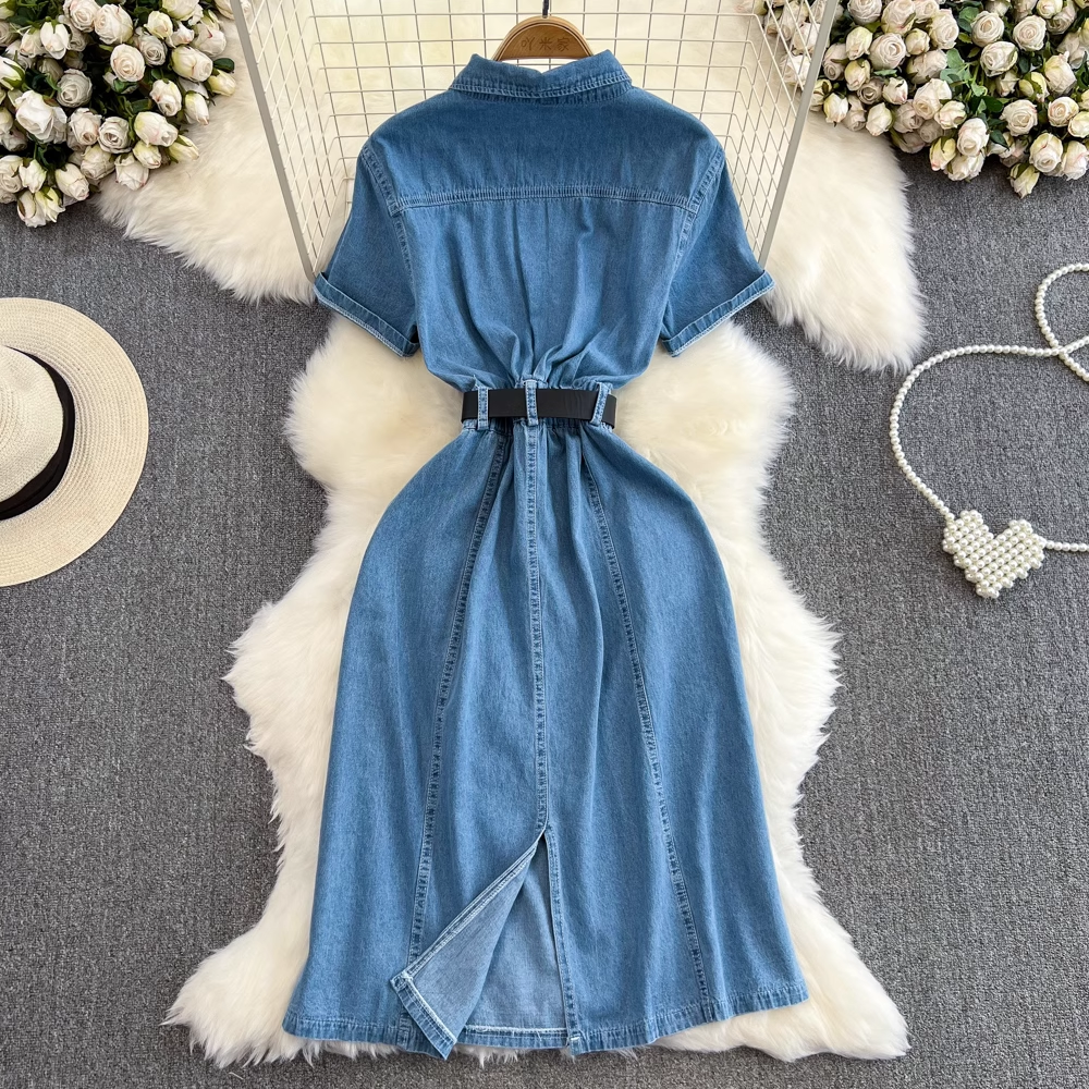 Short-sleeve lapel mid-length a-line denim dress YM296