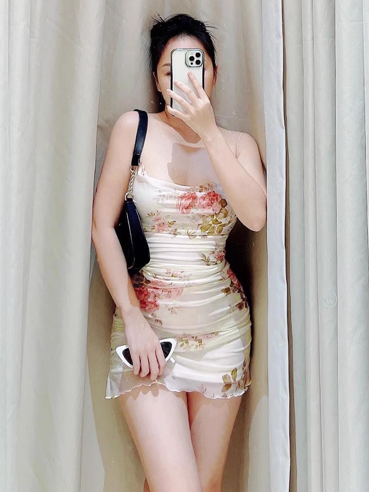 Summer floral mesh suspender dress  YM739