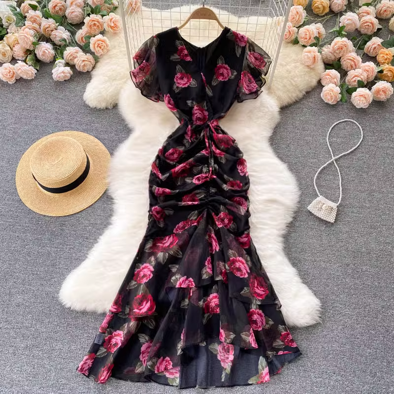 Chiffon print elegant ruffled mermaid dress YM1072