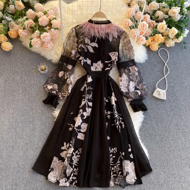 Women's embroidered flower ostrich feather round neck dress YM555