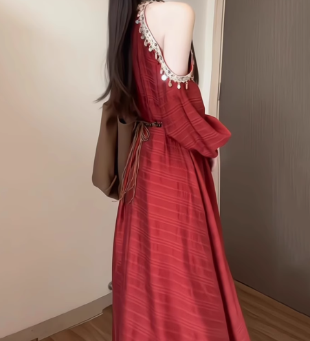 Red Off-the-shoulder Dress Bohemian Holiday Maxi Dress YM1764