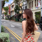 Rose Print Suspender Dress Retro Waist Square Neck Short Dress YM1714