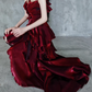 Irregular Ruffled Suspender Prom Dress Burgundy Long Birthday Dress YM1630