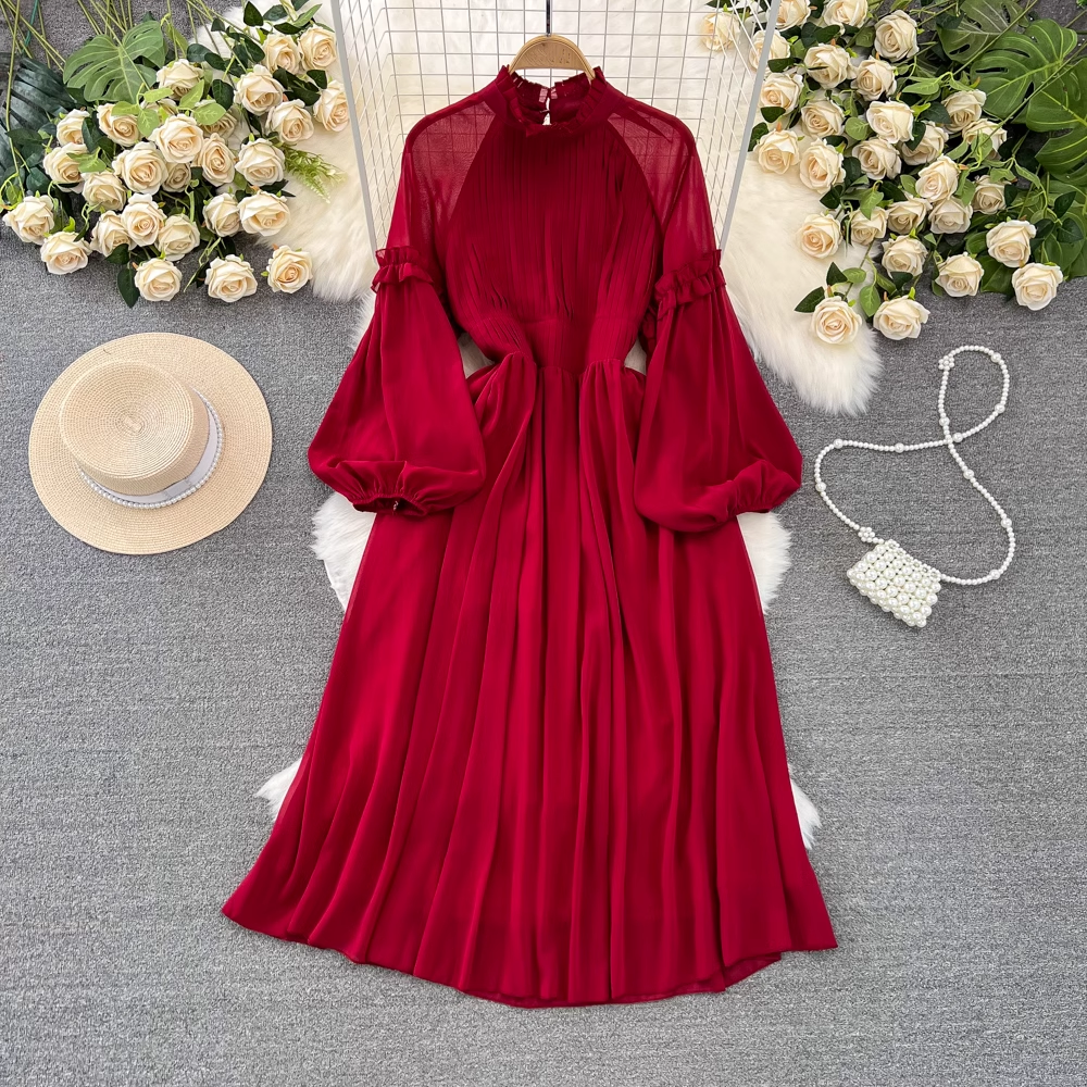 Lantern long sleeve stand collar waist a line pleated chiffon dress YM900