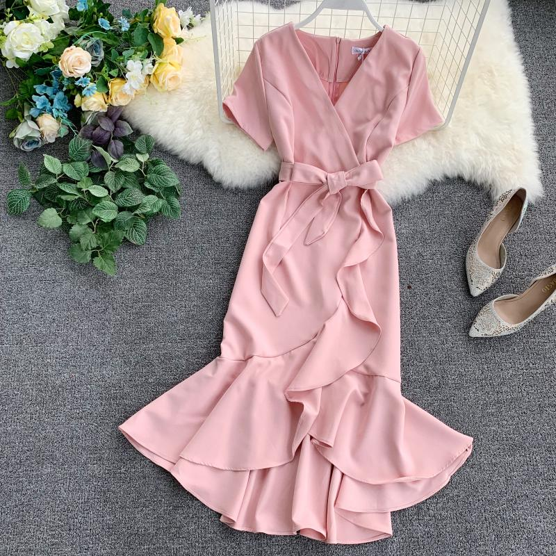 chic v neckline high low spring summer dress ,YM93