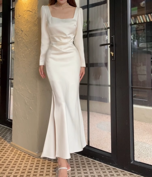 Elegant White Slit Prom Dress Women's Long Sleeve Birthday Dress YM1696