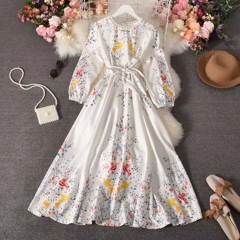 Chiffon floral long skirt puff sleeve dress YM531